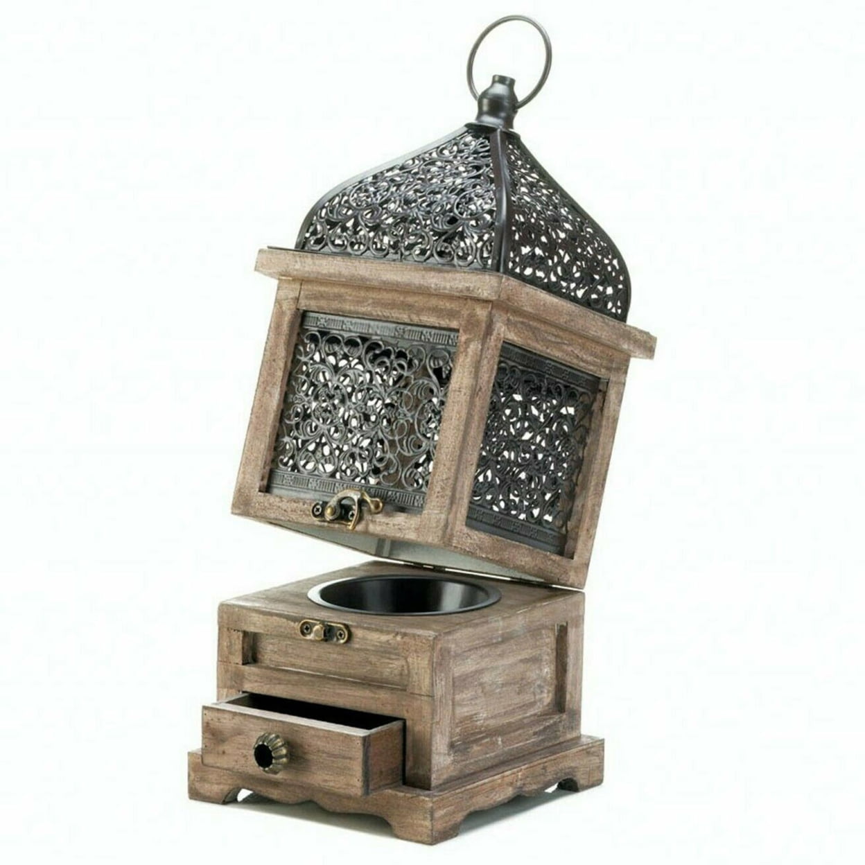 Aewholesale 10018058 14 in. Flip-Top Wood Lantern with Drawer