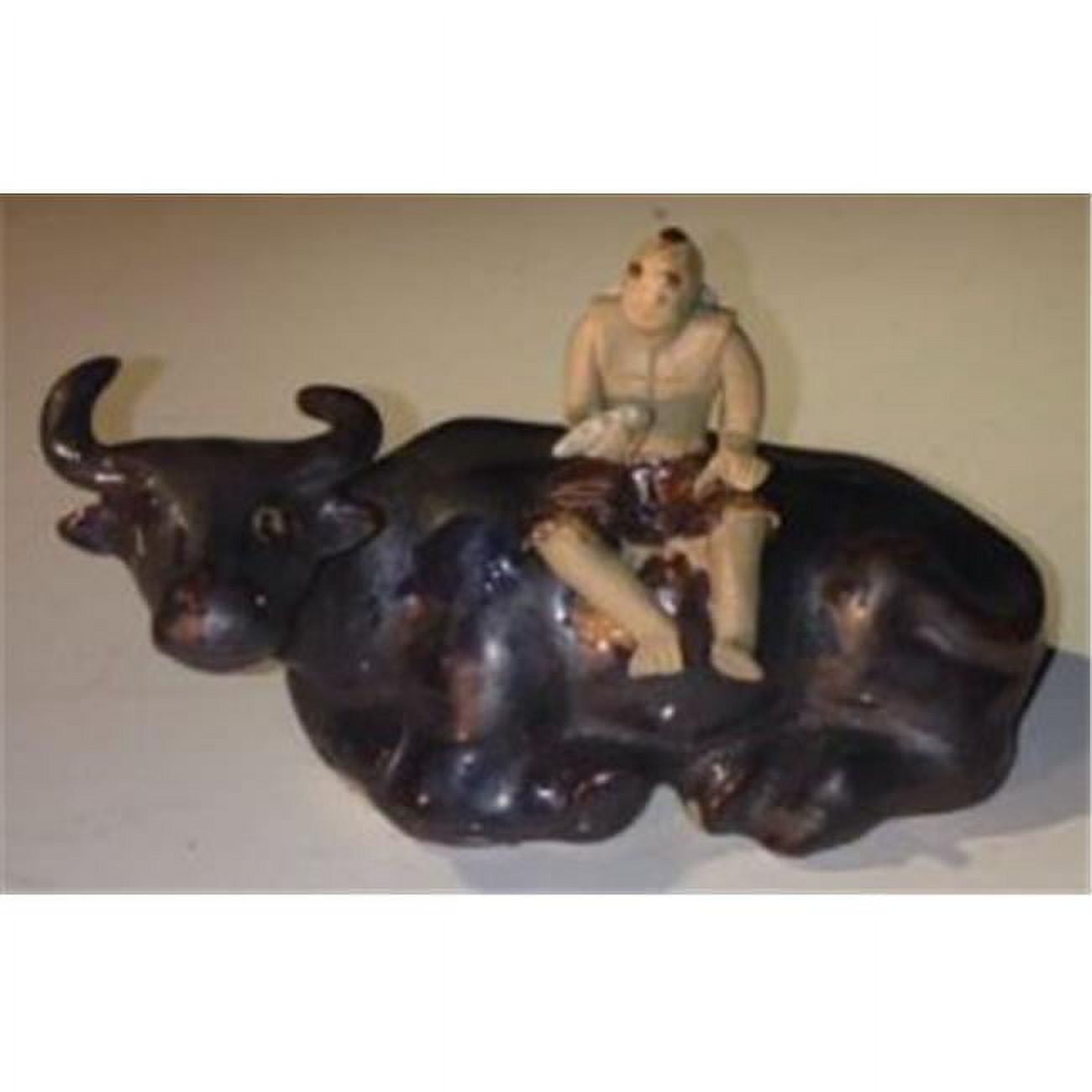 Bonsai Boy e3272 ceramic Figurine - Man Sitting On Sitting Buffalo  Dark Brown - Large