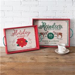 Wood Holiday Serving Trays - Set of 2