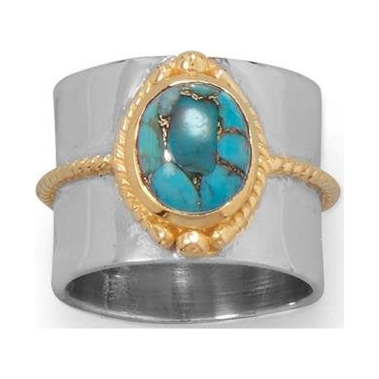 Copper Infused Wide Turquoise Ring Two Tone 14k Gold-plated Rope Design Copper Infused Wide Turquoise Ring Two Tone 14k Gold-plated Rope Design
