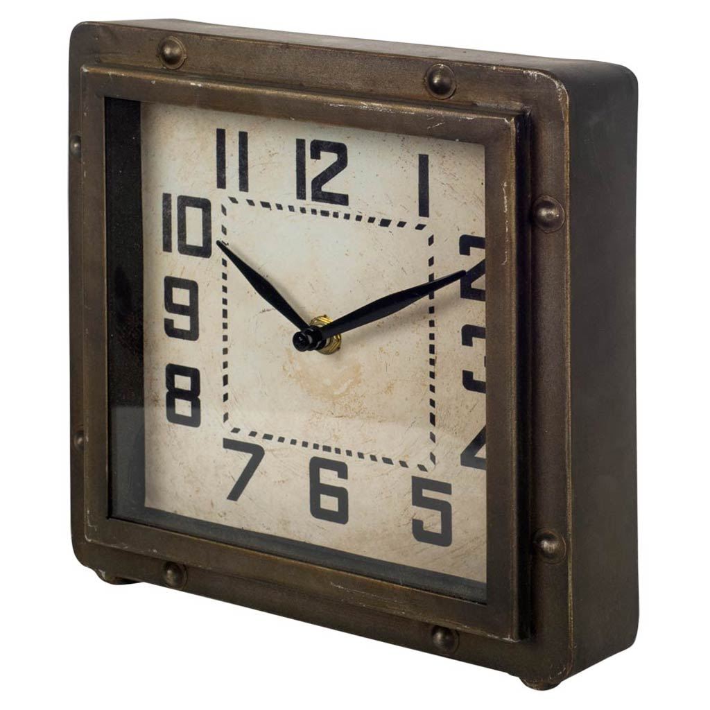 Square Bronze Toned Metal Desk Table Clock With Traditional Black Numbers And Hands Square Bronze Toned Metal Desk Table Clock With Traditional Black Numbers And Hands