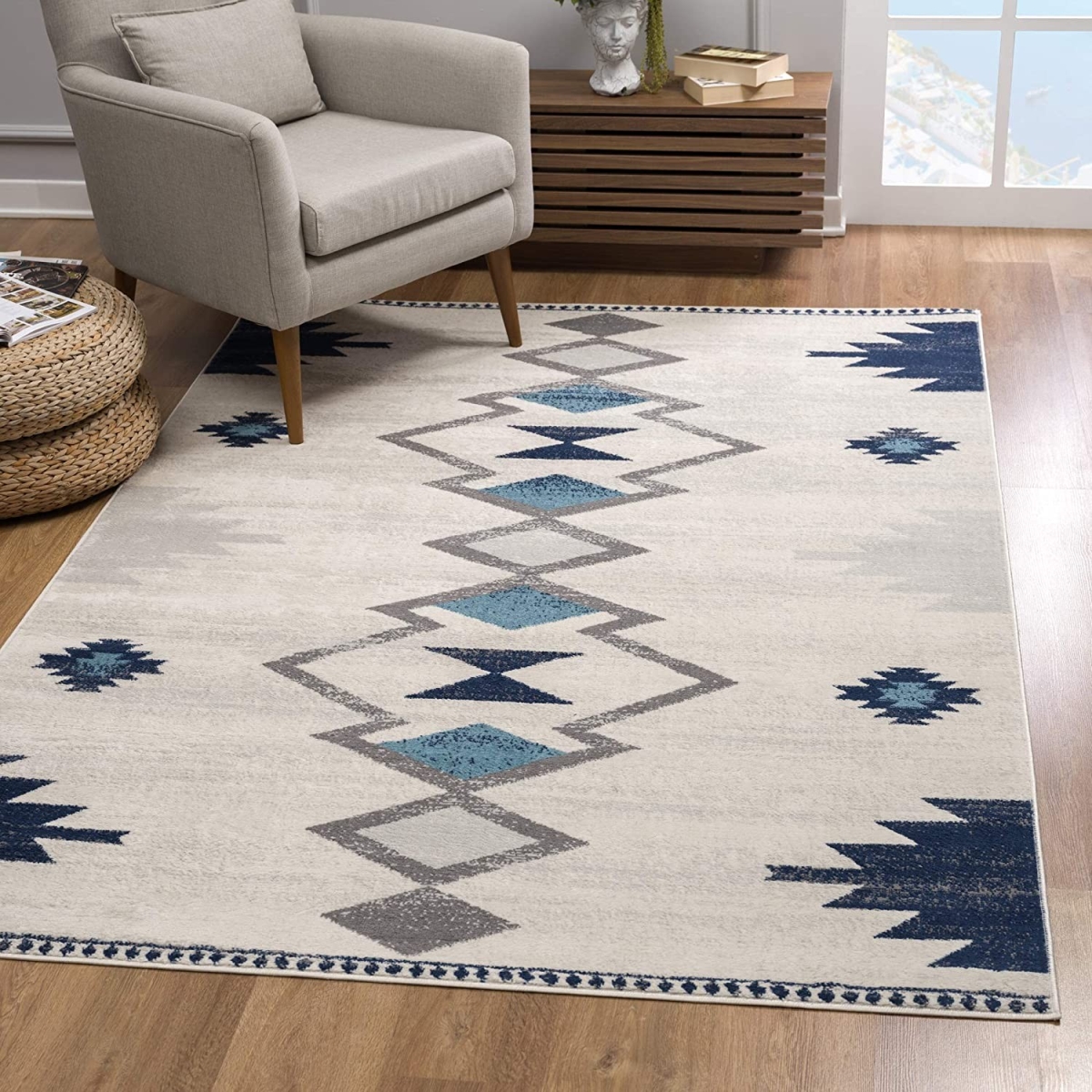 2 x 5 ft. Tribal Pattern Rectangle Rug, Navy & Ivory