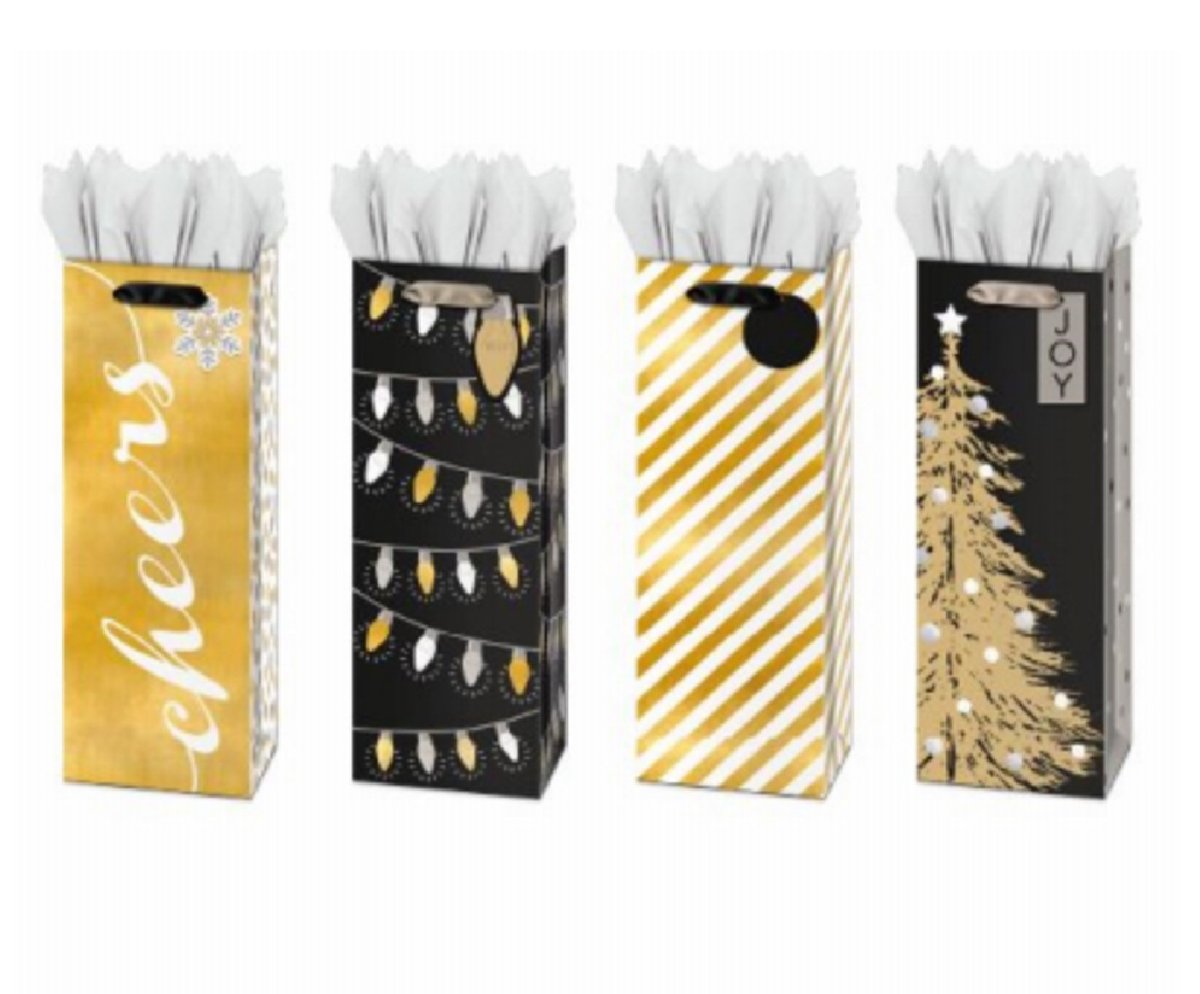 Christmas Festive Bottle Papercraft Gift Bag, Gold, White & Black